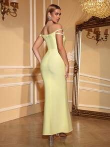Love Aing Gaun Musim Panas Wanita dengan Desain Bahu Terbuka Berhiaskan Berlian Imitasi, Gaun Bodycon Ekor Ikan Warna Kuning | Gaun Pesta Ulang Tahun/Pesta Dansa Musim Panas yang Elegan - Kuning - View 2