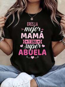 Women's T-ShirtSpanish Best Mama Super Abuela Print T - Shirt Wo Spring - Summer Short - Sleeve Crew - Neck Casual T - Shirt, Daily Leisure, Holiday GiftCasual Daily - 黑色 - 查看 1