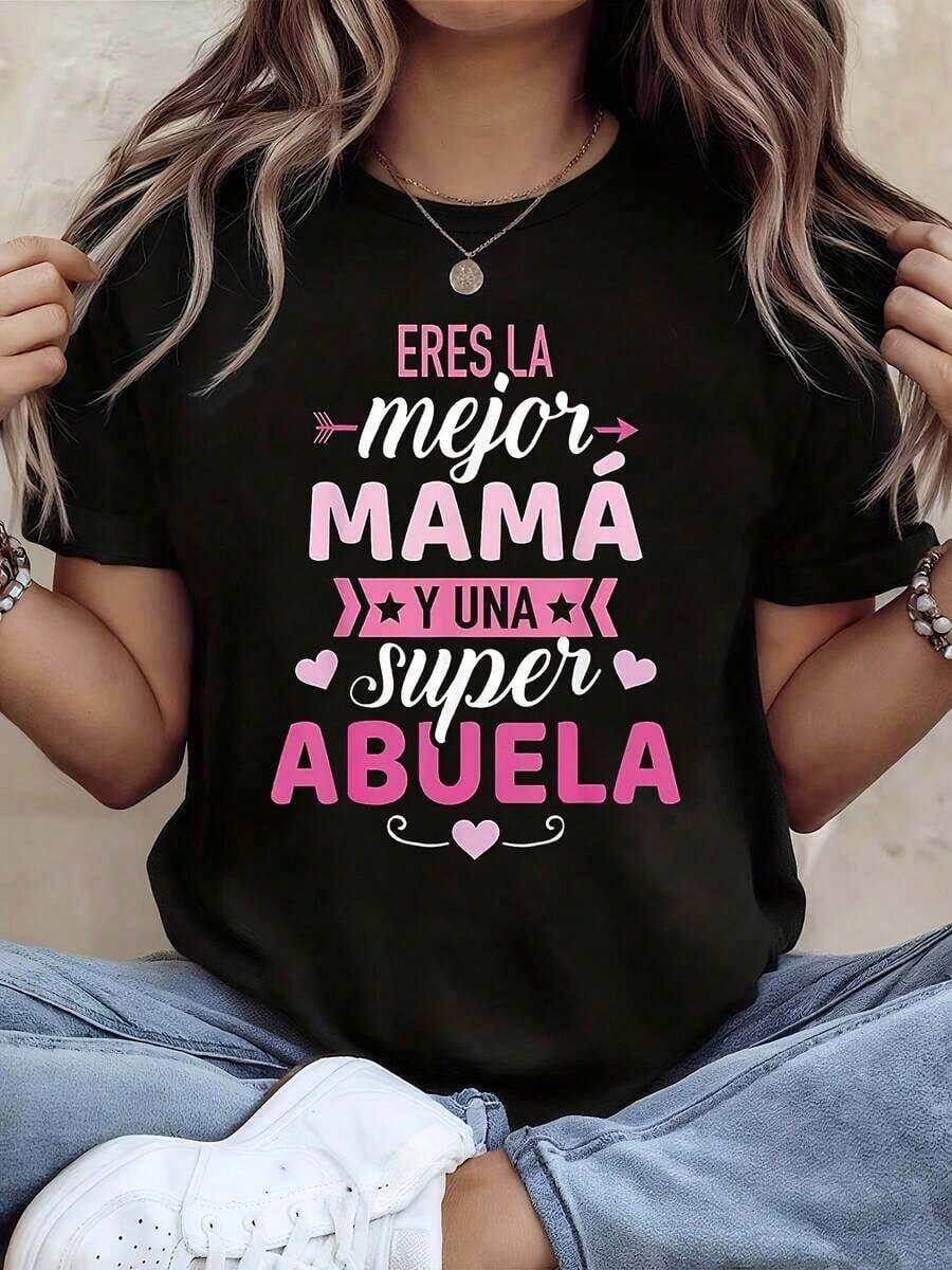 Women's T-ShirtSpanish Best Mama Super Abuela Print T - Shirt Wo Spring - Summer Short - Sleeve Crew - Neck Casual T - Shirt, Daily Leisure, Holiday GiftCasual Daily - 黑色 - 查看 1