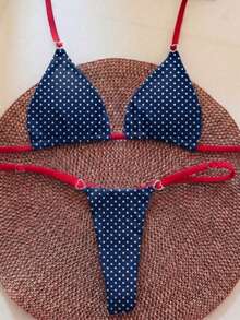 Women's Solid Color Triangle Bikini Set With Heart-Shaped Ring Decor. Features Triangle Cup Design, Spaghetti Strap, Sweet Yet . Vacation Beach Summer - Multicolor - View 4