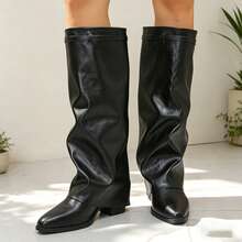 FEIAONI Black Pointed Toe Pleated Thigh High Boots, Soft Leather, Slim Fit Riding Boots For Spring & Autumn - Black - View 4