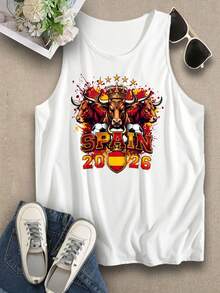 Spain Bull Crown Flag Stars Summer Tops Summer Clothes, Blokecore Women's Tank Top, Vintage Football Jersey Tee 90s Retro Graphic Tee Style, Cotton Blend Soft Breathable Sleeveless T Shirt, Fan Essential All-Match Summer Top Pair - trắng - Xem 2