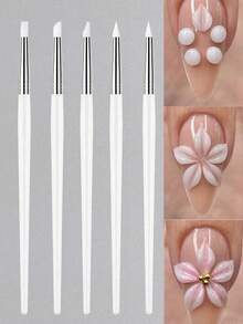 Bộ 5 bút vẽ móng nghệ thuật với đầu cọ silicon, thích hợp để khắc hoa acrylic, dập nổi, tạo hình, tạo hình rỗng, chấm bi và các dụng cụ vẽ móng nghệ thuật khác. - trắng - Xem 6
