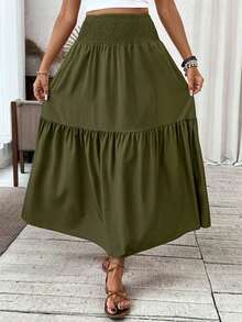 Women's Long Ditsy Floral Skirt, Casual Elastic Waist With Pockets, Ruffle Hem, A-Line Skirt For Summer Spring - 軍綠色 - 查看 5