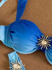 Conjunto de bikini de 3 piezas con lunares, diseño de tirantes anchos con aros proporciona un soporte cómodo, creando un look de playa de moda, perfecto para la playa de verano y fiestas en la piscina - Azul degradado - Ver 4