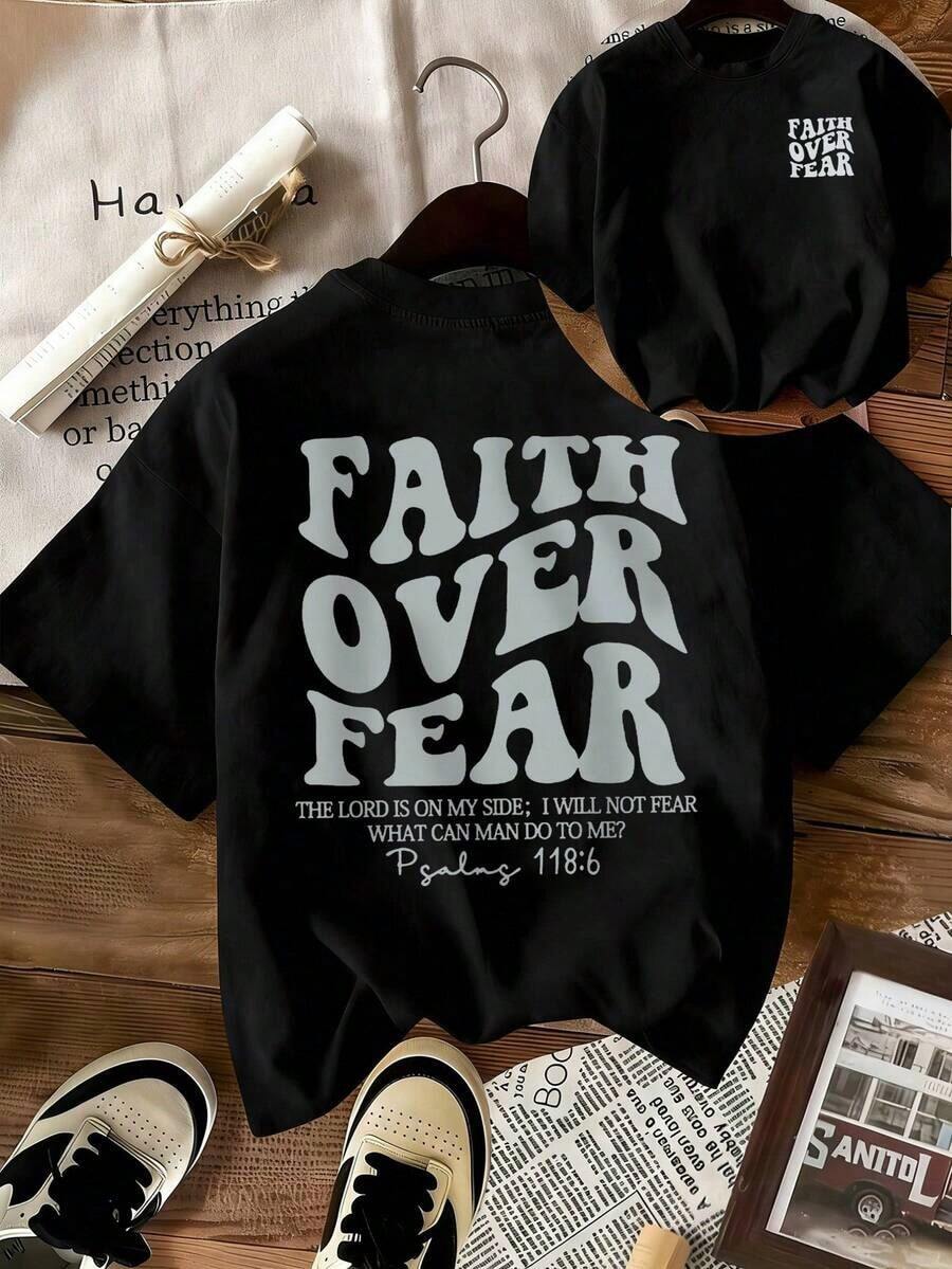 Camiseta de manga corta con cuello redondo y estampado de letras "La Fe Supera el Miedo" para mujer, estilo casual y moderno, esencial para el uso diario. Camiseta gráfica para mujer, top blanco de verano para mujer 100% algodón - Negro - Ver 1