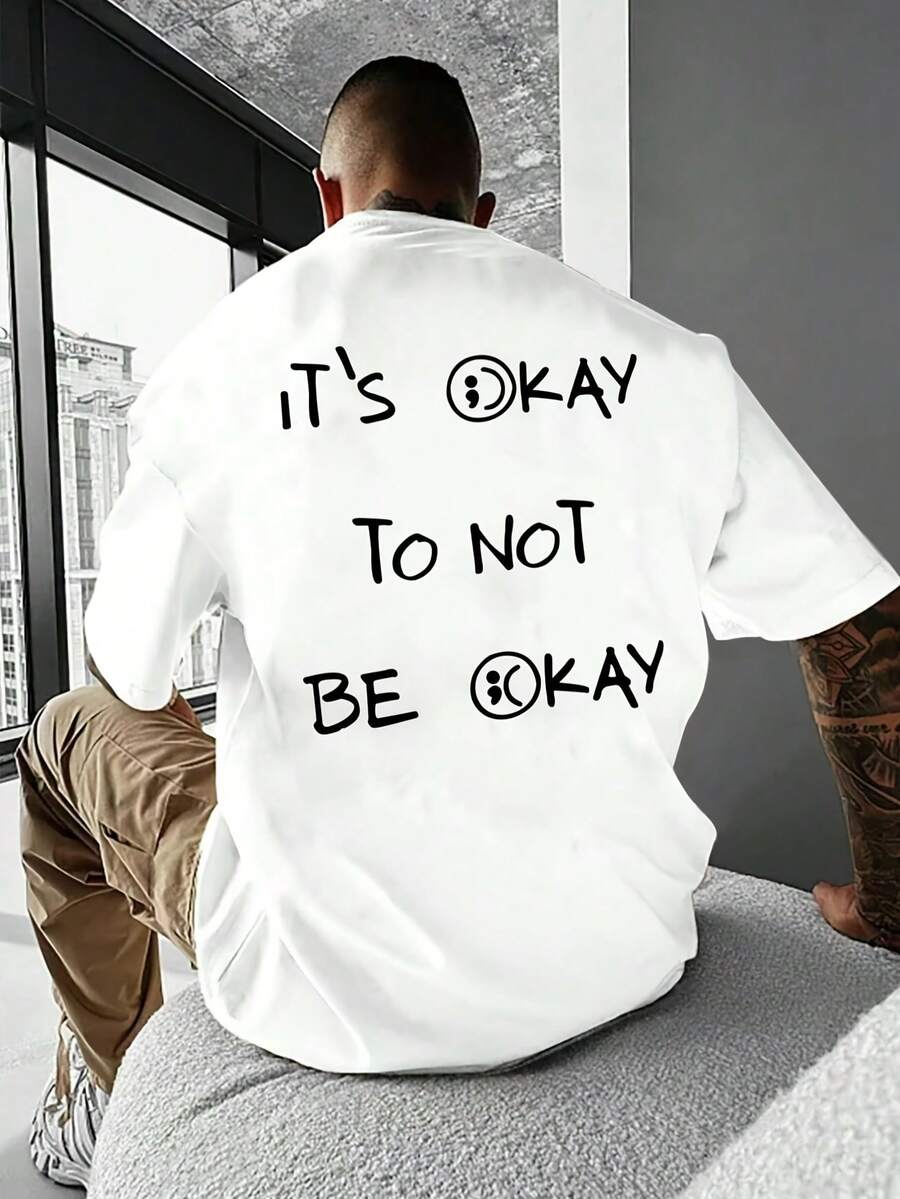 Camiseta de manga corta para hombre, estilo casual, holgada, con estampado "IT'S OK". - Blanco - Ver 1