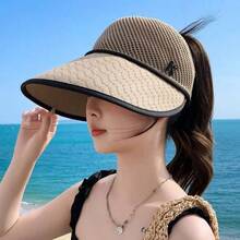 1pc Women's Solid Color Knitted Wide Brim Sun Hat, Breathable Mesh Top, Letter Logo, Suitable For Outdoor Activities, Spring/Summer,Holiday,Festival - K Mark Visor - View 2