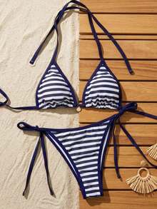 Swim Mod Conjunto de bikini minimalista y sexy de moda para mujer en verano, con recorte de color contrastante, colgante, taza triangular separada y dos piezas - Azul marino 2 - Ver 3