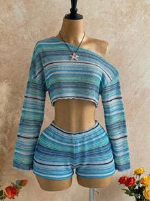 Conjunto de 2 piezas de top y shorts de cuello asimétrico de color sólido para mujer, estilo casual de vacaciones - Azul - Ver 7