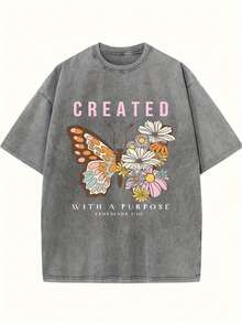 Summer T-Shirts 2026 - Women's Retro Washed Cotton T-Shirt - 230g Thick Cotton, Loose Fit, Crew Neck, Short Sleeve, Vintage Urban Style With Floral Butterfly Print And Inspirational Lettering, Machine Washable, Casual Spring/Summer T-Shirt, Cotton T-Shirts, Comfortable Everyday Wear T-Shirt, Relaxed Fit T-Shirt, Soft Texture T-Shirt, Washed Cotton Summer Clothes - 白色 - 查看 12