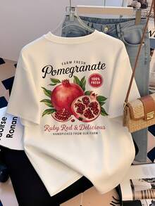 White Crew Neck Short Sleeve T-Shirt Women, Summer Fresh Pomegranate Print Short Sleeve T-Shirt Women, New American Vintage Pomegranate Print Loose Casual Versatile Rejuvenating Top - White - View 1