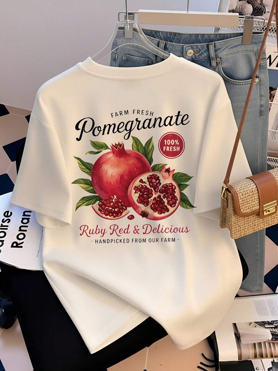 White Crew Neck Short Sleeve T-Shirt Women, Summer Fresh Pomegranate Print Short Sleeve T-Shirt Women, New American Vintage Pomegranate Print Loose Casual Versatile Rejuvenating Top - White - View 1