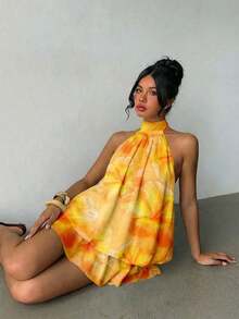Elegant Women's Mini Dress With Halter Neck And Bow In Light Yellow - Kuning - View 7