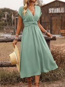 Vestido midi de manga abullonada con escote cruzado, cintura fruncida y espalda retorcida en estilo bohemio occidental casual para primavera/verano de mujer - Verde - Ver 4