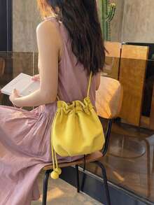 Korean Soft Yellow Drawstring Bucket Bag, Spherical Decor, Shoulder/Crossbody, Casual Commute Date Versatile Girly Style Women Handbag - Yellow - View 9