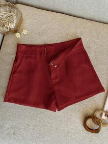 Pantalones cortos casuales de mujer de unicolor simple con bolsillo - Rojo - Ver 4