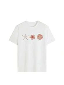 Camiseta de manga corta para mujer, estilo casual de verano, con estampado de conchas y estrellas de mar, cuello redondo, color albaricoque, versátil y a la moda para el uso diario en vacaciones.Camiseta Blanca Estampada para Mujer - Blanco - Ver 4