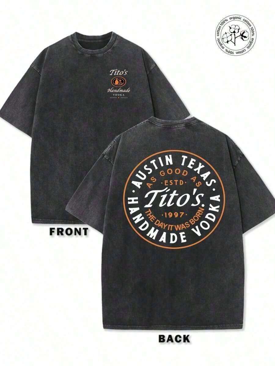 1pc Valentine's Day, Tito's Handmade Vodka Print Washed Oversized  Tee, Retro, Casual, Suitable For Date Night Women Outfit, Going Out Tops Women, Party Outfits,2026  Vintage Wash Unisex Tee,Men's T-Shirt,Women's T-Shirt,Outdoor Concert Tee - 黑色 - 查看 1
