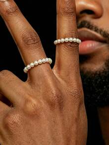 2 piezas Anillos elásticos de resina y perla falsa minimalistas, anillos apilables con cuentas para hombres, estilo hip hop - Blanco - Ver 2