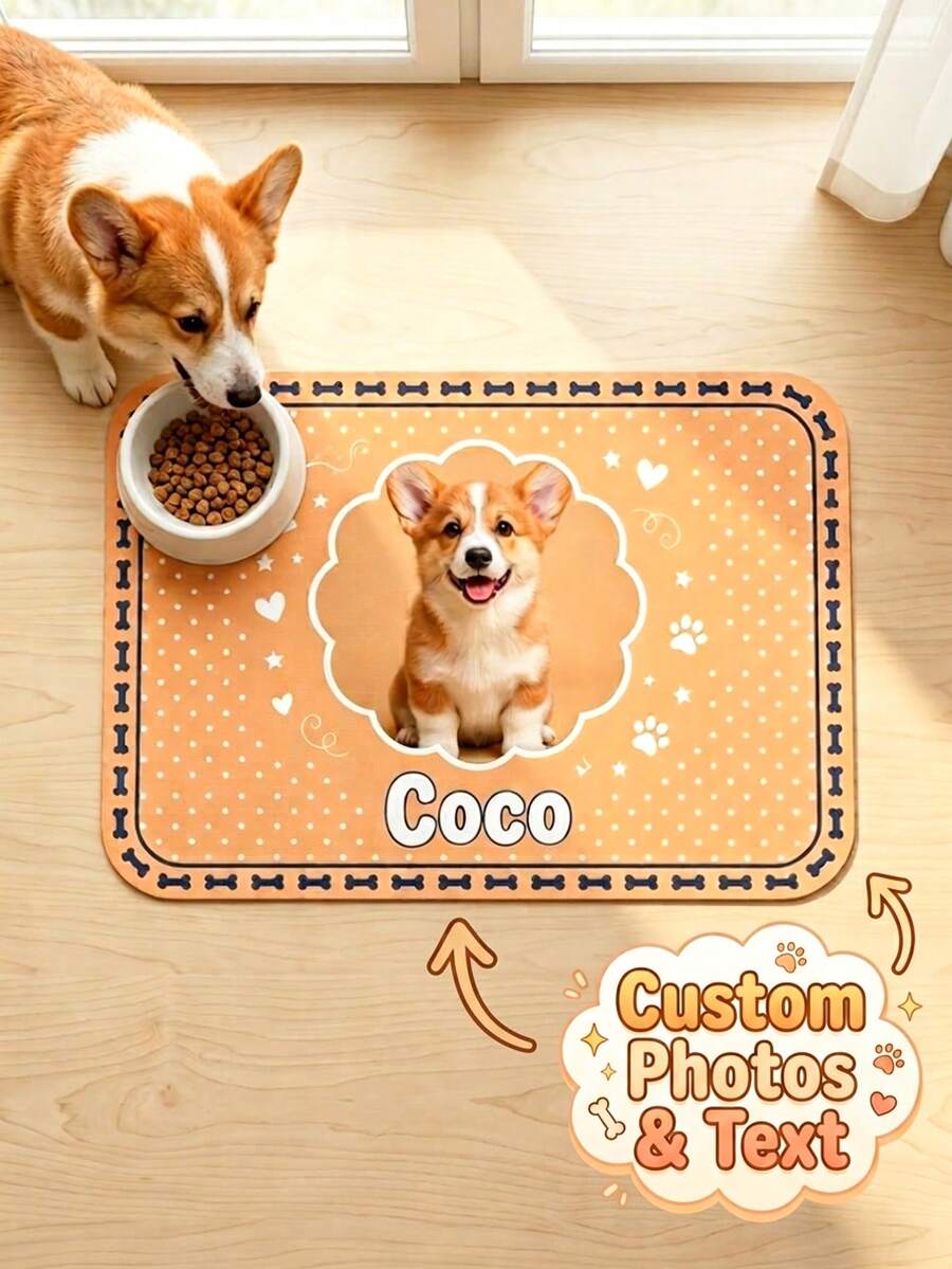 Thảm lót bát ăn cho chó in ảnh và tên theo yêu cầu, thảm cho thú cưng ăn cá nhân hóa, chống thấm nước và chống trơn trượt, họa tiết dấu chân và xương dễ thương, hoàn hảo cho bát ăn của chó, chống tràn, dễ vệ sinh, đồ dùng cho thú cưng. - Màu Cam san hô - Xem 1