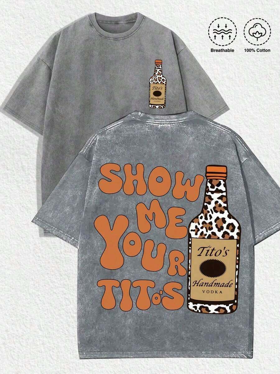 1pc, 2026 Summer, Small Tito's Vodka Bottle Graphic (Leopard - Print), Back "SHOW ME YOUR TITOS" Lettering (Retro - Style Font) & Large Tito's Vodka Bottle Graphic (Leopard - Print), 100% Cotton Breathable Apparel Suitable For Men, Women, Vodka Enthusiasts, Streetwear Lovers, Edgy Fashion Aficionados, Party - Goers, Perfect For Casual Daily Wear, Street Style Outings, Parties, Hangouts With Friends, Music Festivals & Urban Fashion Occasions Father's Day - Grey - View 1