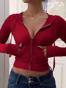 Women's Solid Color Hooded Jacket, Long Sleeve, Zipper Closure And Front Pocket, Autumn And Winter Clothing For Women - 紅色 - 查看 4