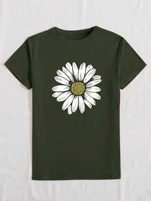 Camiseta cómoda de mujer con estampado de rayas y flores de margarita, cuello redondo, manga corta, minimalista y versátil para uso casual - Verde Oliva - Ver 4