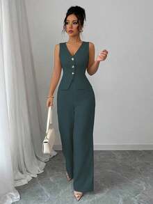 Conjunto de camiseta sin mangas y pantalones elegante para mujer, estilo de oficina y transporte, atuendo de otoño para maestros - Verde Oscuro - Ver 6