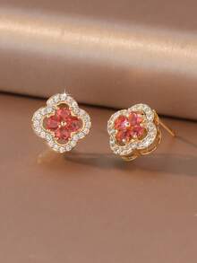 1 par de pendientes de trébol de cuatro hojas de 6 colores, con piedras de circonita brillantes engastadas, montura tipo halo, diseño de trébol de cuatro hojas con gemas de colores, material chapado en oro de 18K, apto para piel sensible, regalo de cumpleaños perfecto para mujeres - Multicolor - Ver 16