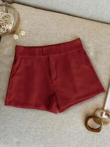 Pantalones cortos casuales de mujer de unicolor simple con bolsillo - Rojo - Ver 6