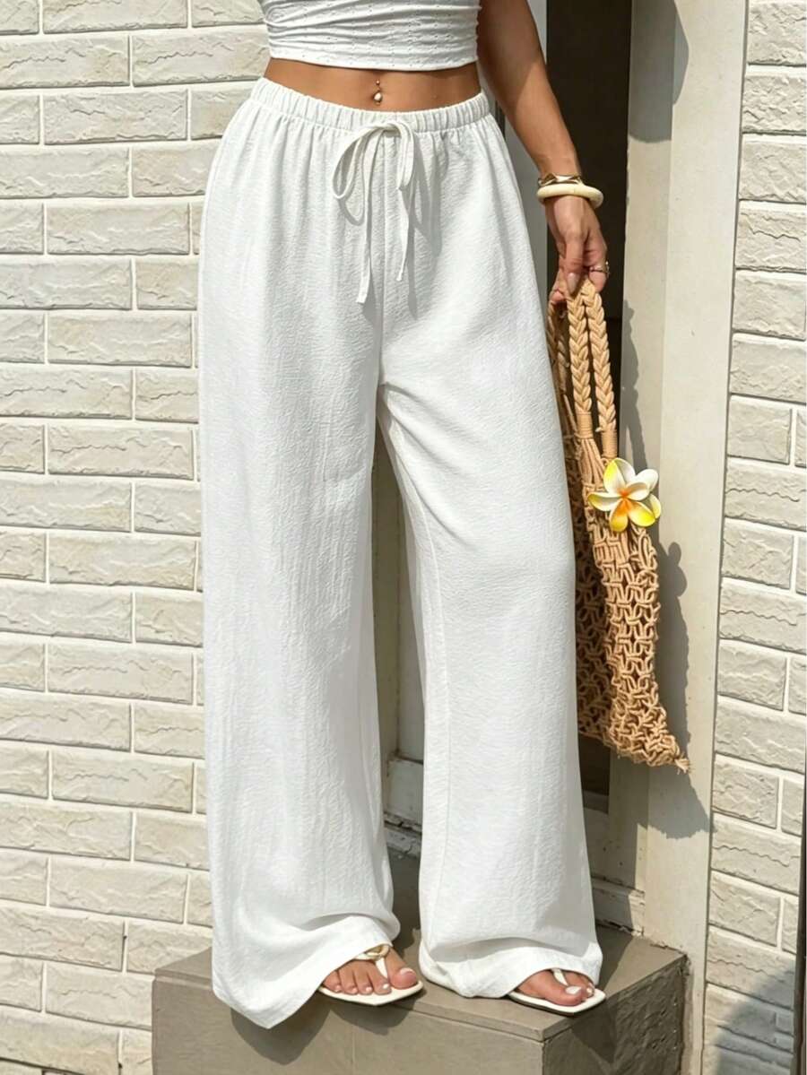 Plus Size Women Summer Casual Loose Solid Color Wide Leg Pants White - White - View 1