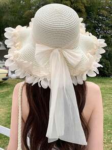 1件女款夏季防曬草帽，適合海灘旅行與海灘派對－蕾絲飾邊帽－防曬帽 女款夏季草帽 女款夏季防曬帽 海灘草帽 可折疊女款夏季防曬草帽，適合海灘與海邊，防曬帽，防曬帽 - K - 查看 7