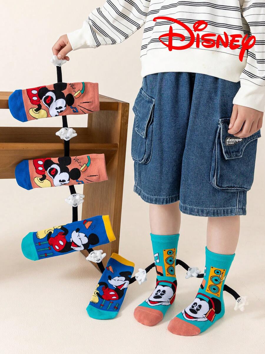 1 par de calcetines largos de tubo de diseño 3D de Disney con manos entrelazadas, calcetines de tubo alto de moda para niños, calcetines de regalo de calidad, calcetines de Disney para pequeños fans de vuelta al colegio, transpirables, que absorben la humedad, casuales, multifuncionales, con estampado de dibujos animados adecuados para regalos y uso diario - Multicolor - Ver 1