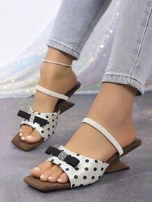Black & White Polka Dot Bow Rhinestone Decor Asymmetric Heel Elegant Sandals, Square Toe Slip-On Heeled Mules, Versatile For Summer Work And Date, Comfortable High Heels - White - View 5