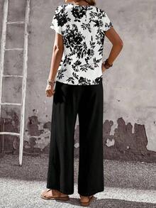 Set de 2 piezas con top de manga corta y pantalón de pierna ancha con estampado geométrico para mujer - Multicolor - Ver 2
