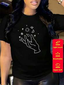 Camiseta de mujer de manga corta, cuello redondo, 100% algodón, holgada, de estilo casual y versátil con estampado moderno. - Negro 7 - Ver 7