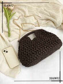 Starfish & Seashell Straw Clutch With Chain Strap | Summer Beach Vacation Essentials - Coffee - View 6