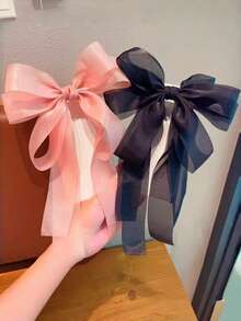 1pc Girls Pearlescent Satin Fabric Ribbon Bow Hair Clip, Spring/Summer New Style Satin Bow Back Head Spring Clip, Suitable For Daily Life Or Vacation - Black - View 6