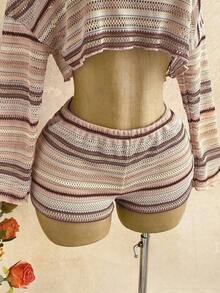 Conjunto informal de 2 piezas de top corto con cuello irregular y borde de lechuga, y shorts, en unicolor, para vacaciones, primavera/verano - Multicolor 6 - Ver 10