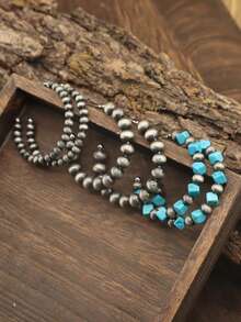 3 Pares Pacote de Valor Conjunto de Brincos com Contas, Brincos de Argola de Estilo Pérola Turquesa + Escovada Antiga com 4,5cm, Uso Diário Versátil para Mulheres - Azul - Visão 11