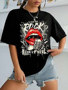Camiseta de Mujer Estilo Rock Vintage con Estampado de Labios y Micrófono, Cuello Redondo Relajado y Hombros Caídos, para Festivales de Música, Ropa de Primavera/Verano - Negro - Ver 6