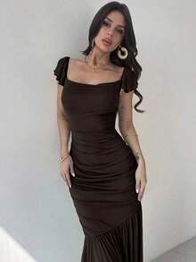 Vestido ajustado de malla verde con drapeado y volante en el bajo, elegante para mujer, apropiado para fiestas, vacaciones, festivales de música, bodas, almuerzos, Día de San Patricio, vestidos largos de estilo bohemio, vestidos de graduación, atuendos de playa, atuendos de aeropuerto - Café integral - Ver 6