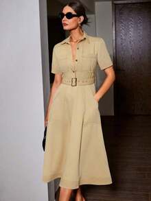 Vestido casual de mujer con inspiración vintage de manga corta, diseño de bloqueo de color con cuello, botones delanteros y bolsillos, cintura ajustada, tela ligera y transpirable sin estiramiento, fácil cuidado.Consulte la tabla de tallas al realizar la compra. - Caqui - Ver 5