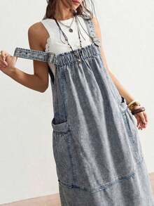 BohoFeels Vestido casual de unicolor, tejido, suelto y de largo medio para mujeres - Azul - Ver 5