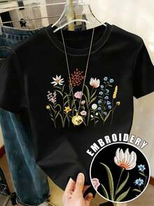 short sleevesResyla Camiseta oversize con bordado de flores silvestres, camiseta con bordado floral, camiseta de manga corta y cuello redondo para el veranoLeisure - Negro - Ver 7