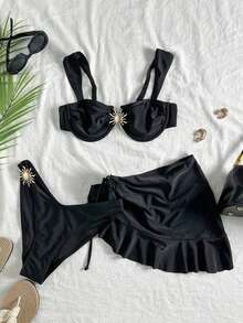Conjunto de traje de baño tipo tankini de 3 piezas de unicolor, diseño de tirantes anchos con aros para un soporte cómodo, estilo de playa de moda, perfecto para fiestas de playa y piscina en verano Blanco - Negro - Ver 2