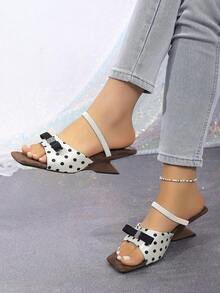 Black & White Polka Dot Bow Rhinestone Decor Asymmetric Heel Elegant Sandals, Square Toe Slip-On Heeled Mules, Versatile For Summer Work And Date, Comfortable High Heels - White - View 4