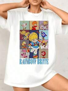 1 pieza Camiseta de Mujer con Estampado Gráfico de Rainbow Brite, Diseño de Personajes Lindos, 100% Algodón, Cuello Redondo, Estilo Casual, 1 Pieza. Son Excelentes Regalos para Amigos y Familiares. Y2Y-Ropa de Verano YPZ8180g 100% Algodón. - Blanco - Ver 12