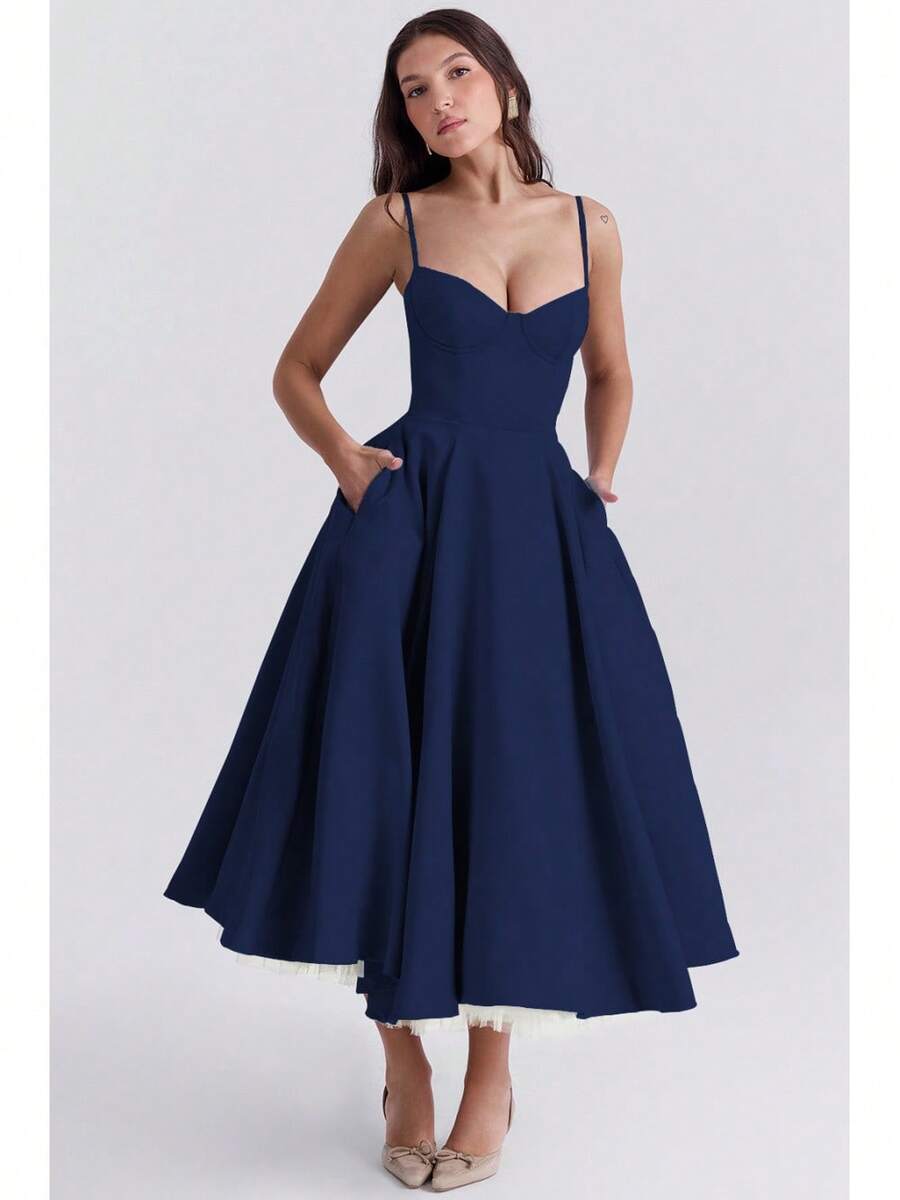 Sweetheart Neck Satin Midi Dress, Spaghetti Strap Flared Prom Dress With Pockets For Wedding & Formal Events - Navy Blue - View 1